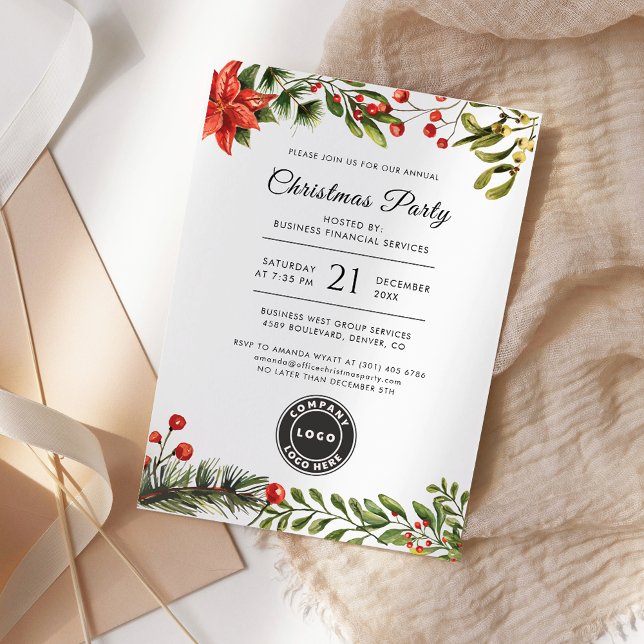 Christmas Holidays Party with Business Logo Invitation (Business Logo Botanical Christmas Party Invitation)
