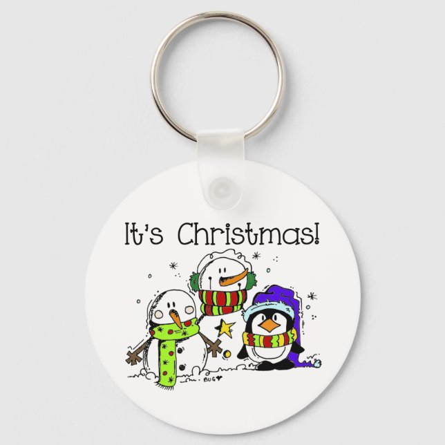 Christmas Holidays Penguins and Snowmen Key Ring (Front)