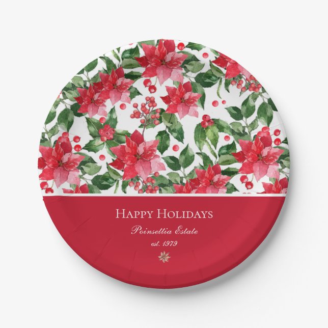 Christmas Holidays Personalised Poinsettia Pattern Paper Plate (Front)