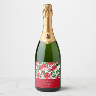 Christmas Holidays Personalised Poinsettia Pattern Sparkling Wine Label