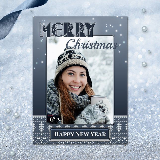 Christmas Holidays Photo Navy Sweater Postcard (An ugly sweater photo template postcard with Merry Christmas and a Happy New Year wishes)