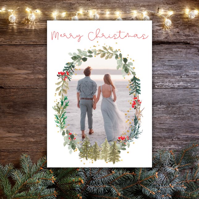 Christmas Holidays Photo Watercolor Floral Wreath Holiday Card (Christmas Card for newly-wed couple. One photo with Christmas floral wreath. Simple and elegant.)