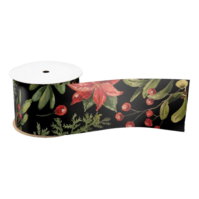 Christmas Holidays Pine Red Berries Botanical Satin Ribbon (Spool)