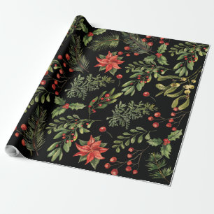 Christmas Holidays Pine Red Berries Botanical Wrapping Paper