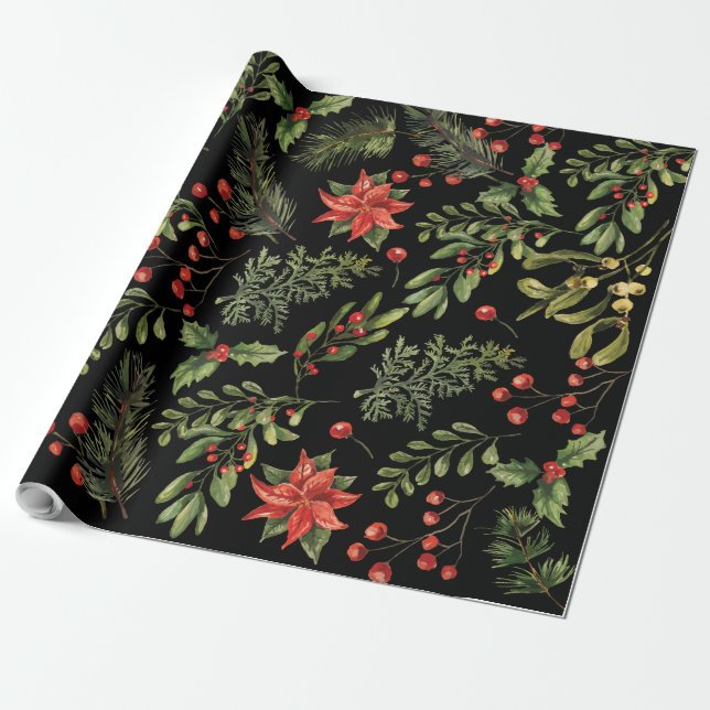 Christmas Holidays Pine Red Berries Botanical Wrapping Paper (Unrolled)