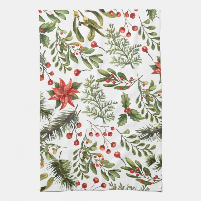 Christmas Holidays Pine Red Berries Tea Towel (Vertical)