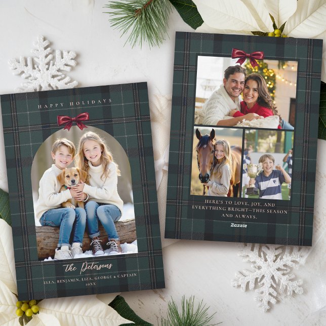 Christmas Holidays Plaid Tartan Arch Bow 4-Photo  Holiday Card (plaid tartan christmas photo card elegant 4 photos traditional classic scottish green red bow)