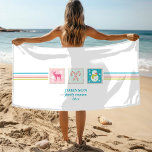 Christmas Holidays Postage Stamp Family Reunion Beach Towel<br><div class="desc">This holidays design features colourful Christmas postage stamps with a winter snowman, reindeer and candy canes and horizontal stripes. Below is the custom "family name" with "family reunion" with the "year" below. Personalise by editing the text in the text boxes. Modern and fun, perfect for the holidays family reunion. #christmas...</div>