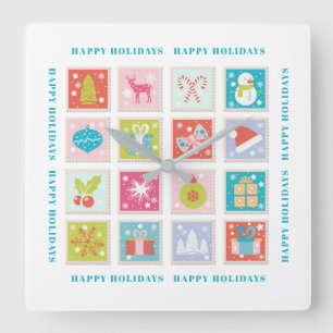 Christmas Holidays Postage Stamp Square Wall Clock