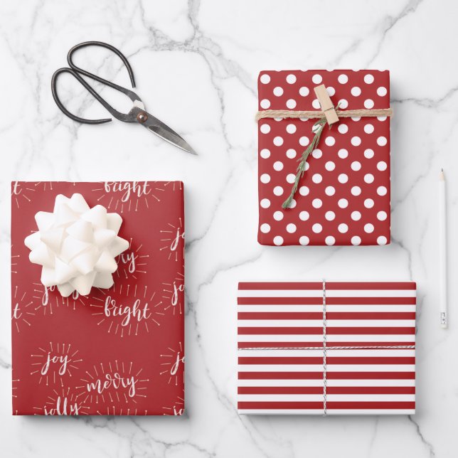Christmas Holidays Red and White Merry and Bright Wrapping Paper Sheet (Front)