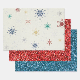 Christmas Holidays Red Green Snowflakes Glitter Wrapping Paper Sheet