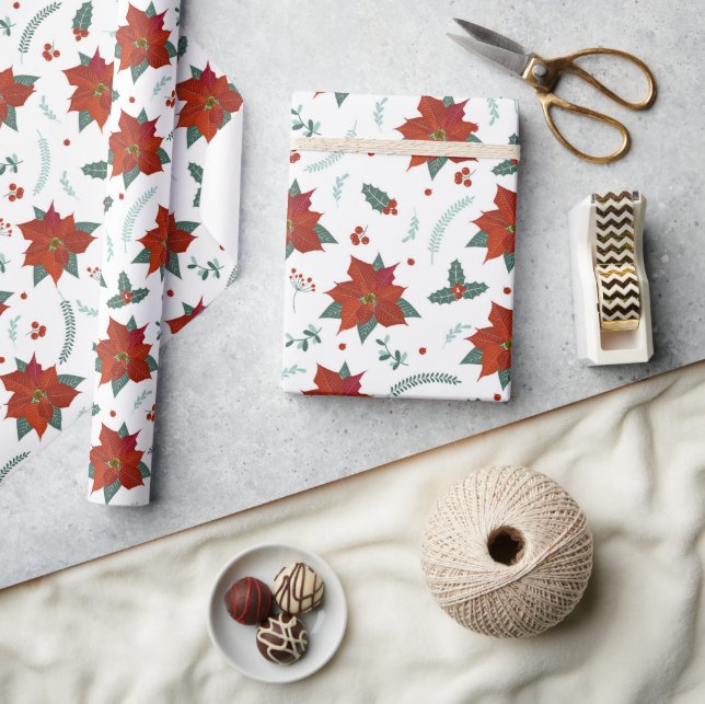 Christmas Holidays Red Poinsettia Floral Pattern Wrapping Paper (Crafts)