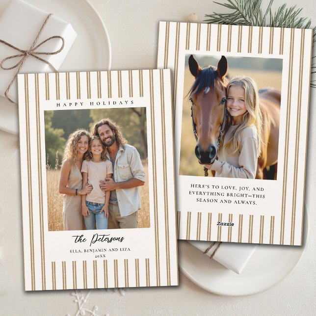 Christmas Holidays Taupe Stripes Earthy 2-Photo Holiday Card (family christmas photo card tan brown stripes modern minimalist contemporary earthy organic)
