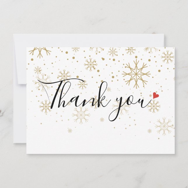 Christmas Holidays Winter Gold Heart Snowflakes Thank You Card (Front)