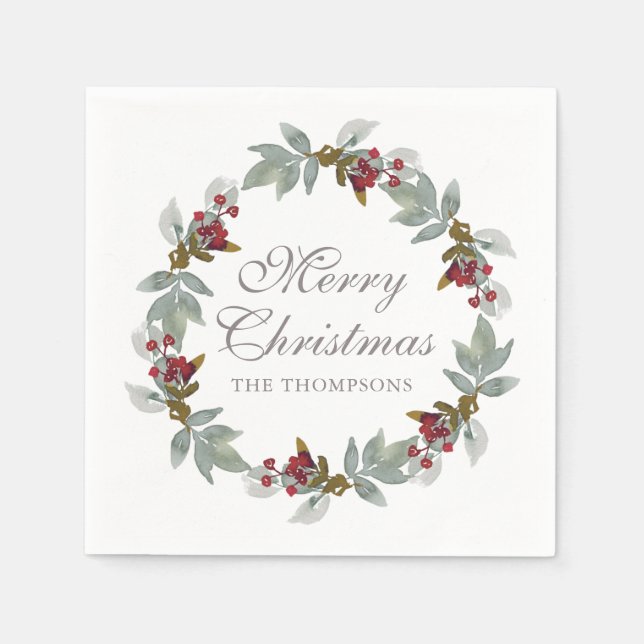 Christmas Holidays Winter Watercolor Floral Name Napkin (Front)