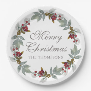 Christmas Holidays Winter Watercolor Floral Name Paper Plate