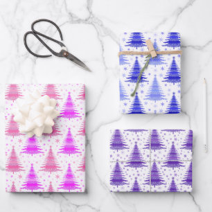 Christmas Holliday Pink Purple Blue Trees Pattern Wrapping Paper Sheet