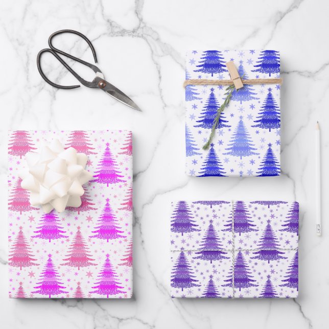 Christmas Holliday Pink Purple Blue Trees Pattern Wrapping Paper Sheet (Front)