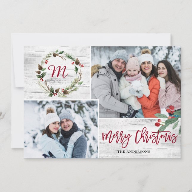 Christmas Holly 2 PHOTOS Collage Bark Holiday Card (Front)