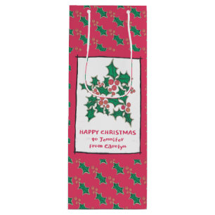 Christmas holly and berries drawing, your words wine gift bag