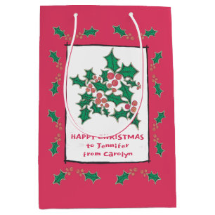 Christmas holly and berries, personalised medium gift bag