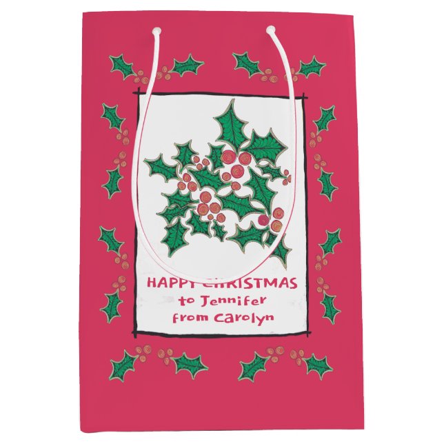 Christmas holly and berries, personalised  medium gift bag (Front)