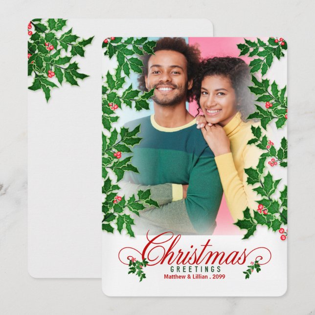 Christmas Holly and Berries Vertical Photo Holiday Card (Front/Back)