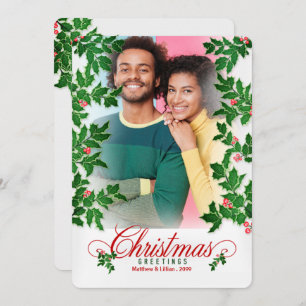 Christmas Holly and Berries Vertical Photo Holiday Card