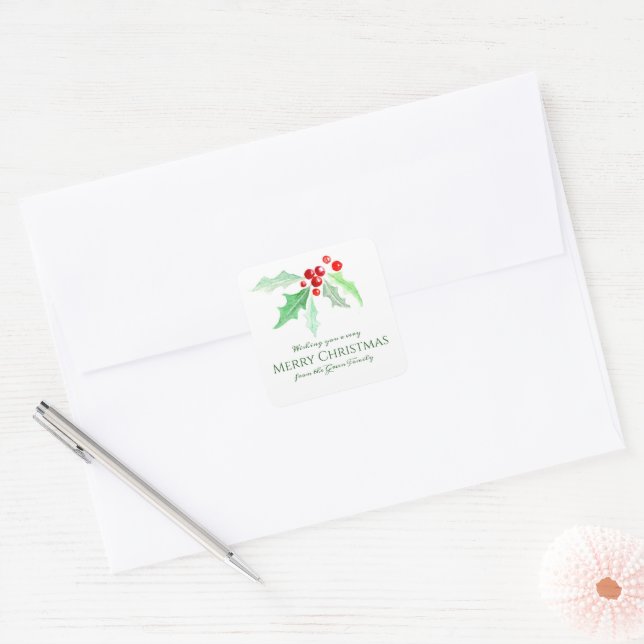 Christmas holly and berries watercolor custom square sticker (Envelope)
