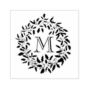 Christmas Holly and Berries Wreath Family Monogram Rubber Stamp