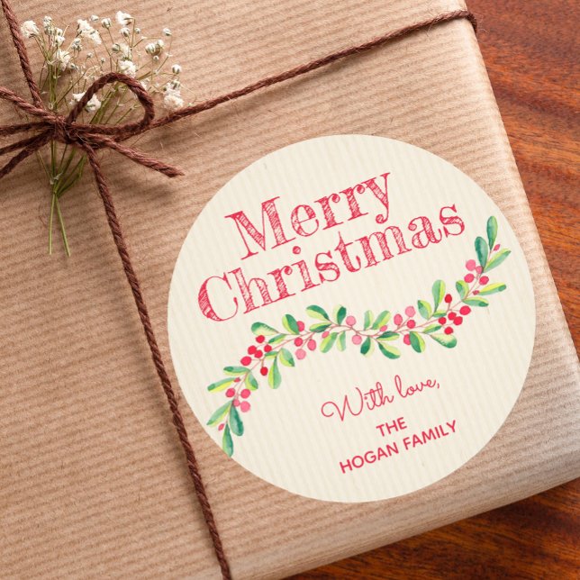 Christmas Holly and Berry Holiday Classic Round Sticker (Christmas stickers with leaves and berries personalized for gift giving)