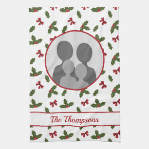 Christmas Holly And Bows Custom Photo Template Tea Towel