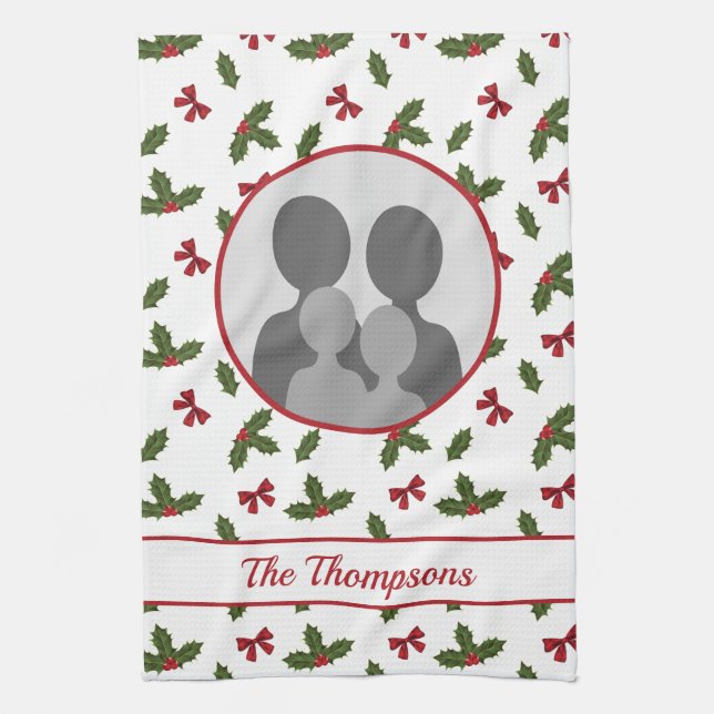 Christmas Holly And Bows Custom Photo Template Tea Towel (Vertical)
