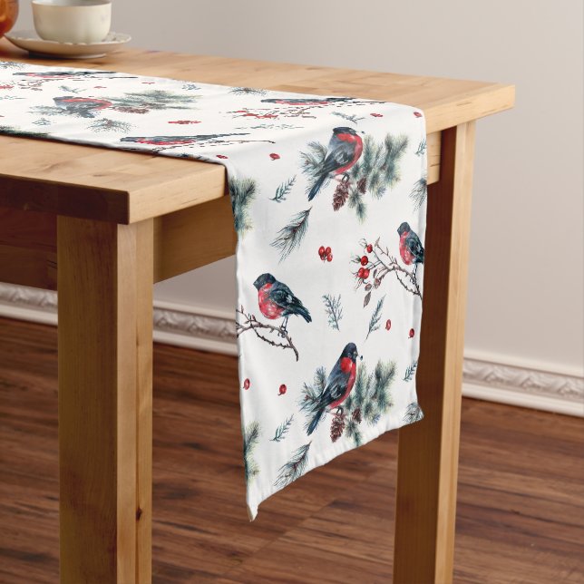 Christmas holly and bullfinch pattern medium table runner (In Situ)