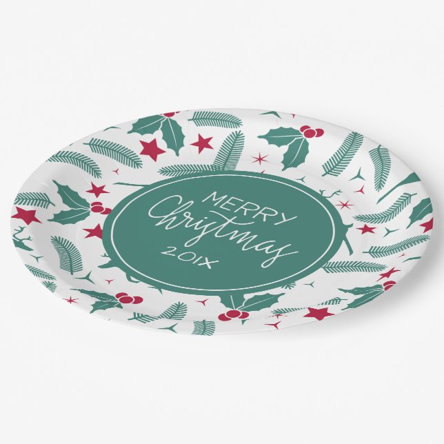 Christmas holly and Christmas deer pattern Paper Plate (Angled)