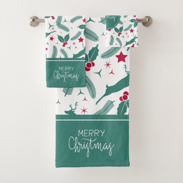 Christmas holly and deer pattern on white. bath towel set (Insitu)