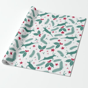 Christmas holly and deer pattern wrapping paper