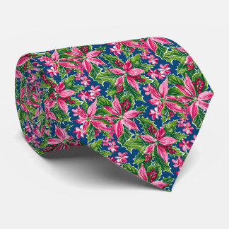Christmas Holly And Flower Patterned Tie