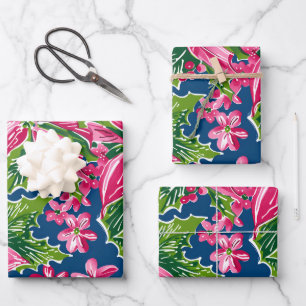 Christmas Holly And Flower Patterned  Wrapping Paper Sheet