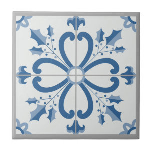 Christmas holly and flowers petals blue tile