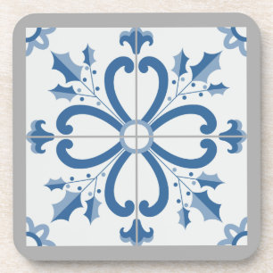 Christmas holly and flowers petals blue tile coaster