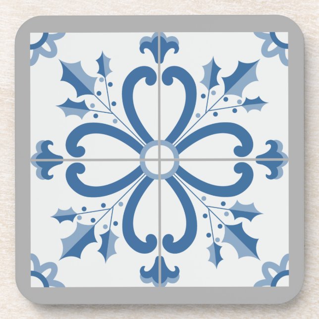 Christmas holly and flowers petals blue tile coaster (Front)