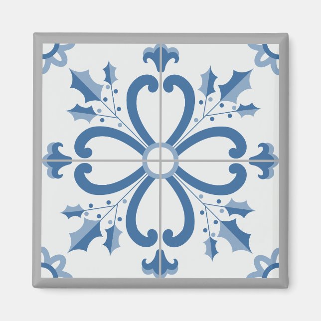 Christmas holly and flowers petals blue tile magnet (Front)