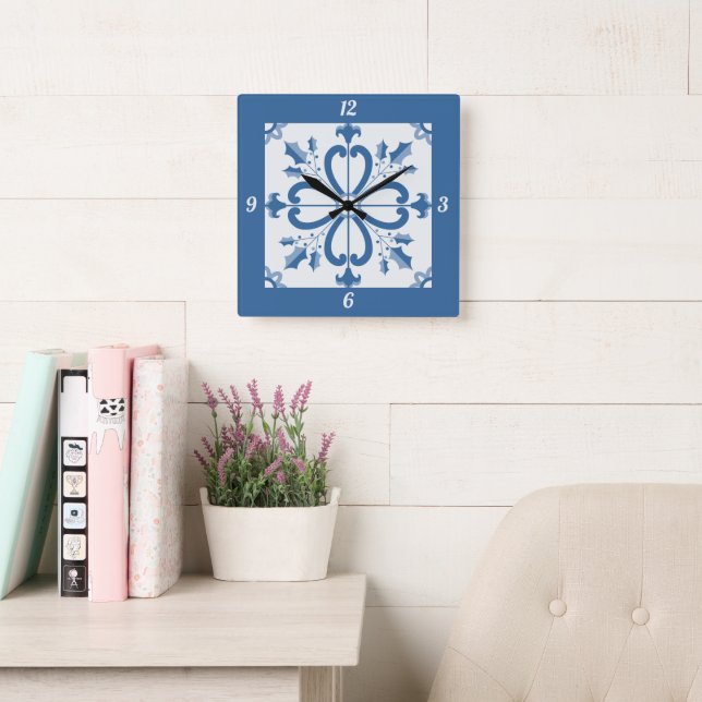 Christmas holly and flowers petals blue tile square wall clock (Reading Room)