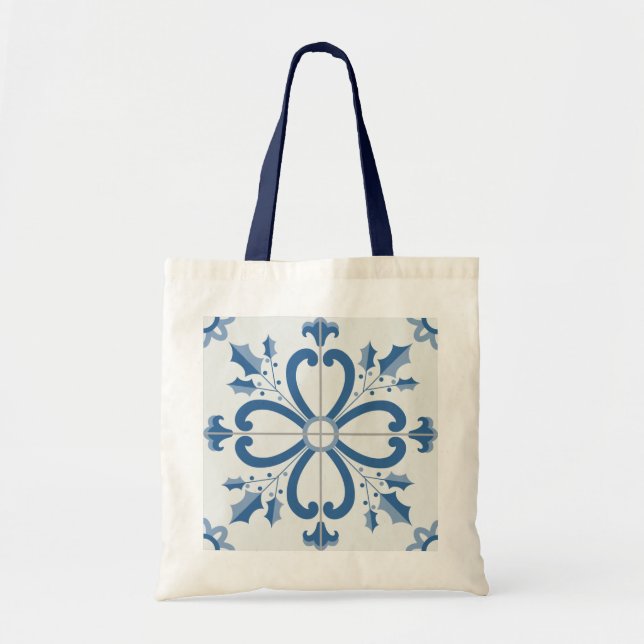 Christmas holly and flowers petals blue tile tote bag (Front)