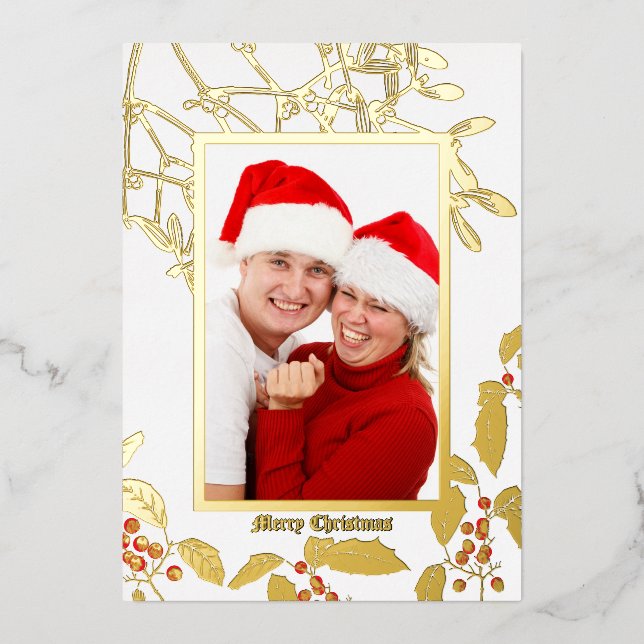 Christmas Holly and Mistletoe Botanical Art Border Foil Holiday Card (Front)