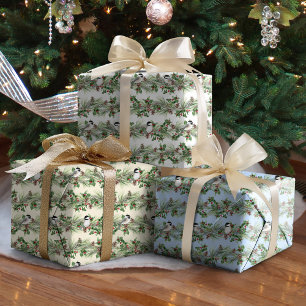 Christmas Holly and Pine Chickadees Wrapping Paper Sheet