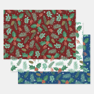 Christmas holly and pine cones pattern wrapping paper sheet