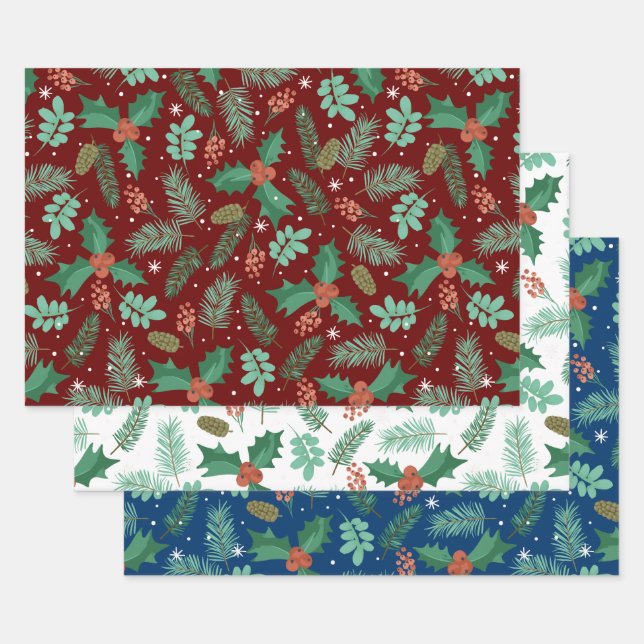 Christmas holly and pine cones pattern wrapping paper sheet (Set)