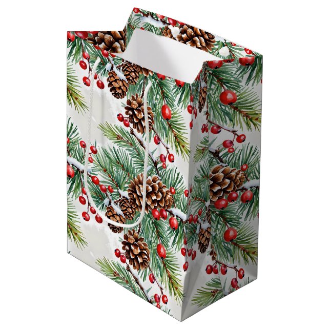 Christmas Holly and Pinecones Medium Gift Bag (Front Angled)